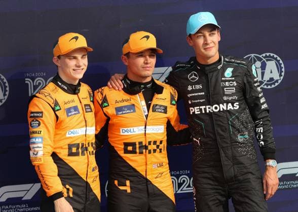 Monza: Monza- F1 Italy Grand Prix& xA;Formula 1 & xA;Monza Qualifying& xA;Podium& xA;04 Lando Norris Team McLaren F1& xA;63 George Russell Team Mercedes-AMG F1& xA;81 Oscar Piastri Team McLaren F1 - Formula 1 - Formula 1 - Pirelli Gran Premio d Italia 2024 - Qualifying  - ZUMAp169 20240831_zsa_p169_679 Copyright: xSergioxBisi IPAxSportx
