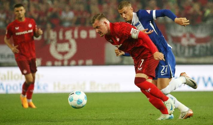 Marlon Ritter 7, FC Kaiserslautern , Michael Cuisance 27, Hertba BSC Berlin 31 08 2024, Football, 2 Bundesliga, FC Kaiserslautern Hertha BSC Berlin, Matchday 4, Season 2024 25, Fritz Walter Stadion, Kaiserslautern, Germany, Photo Michael Deines PROMEDIAFOTO, DFB DFL regulations prohibit any use of photographs as image sequences and or quasi video FC Kaiserslautern Hertha BSC Berlin