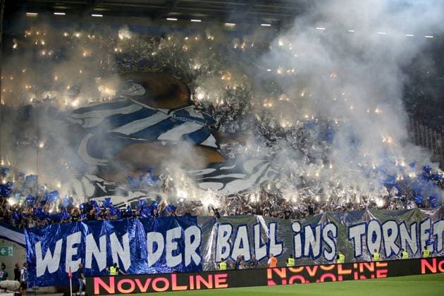 31 08 2024, xmohx, Soccer 2 Bundesliga, 1 FC Kaiserslautern Hertha BSC Berlin emspor, v l fans spectators of Hertha choreography DFL DFB REGULATIONS PROHIBIT ANY USE OF PHOTOGRAPHS as IMAGE SEQUENCES and or QUASI VIDEO Kaiserlautern
