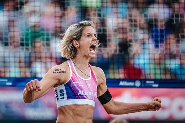 Beach volleyball women Allianz German Beach Tour German Beach Volleyball Championship 2024 31 08 2024 Laura Ludwig rejoices Timmendorfer Strand Ahmann Hager Arena Schleswig Holstein Germany