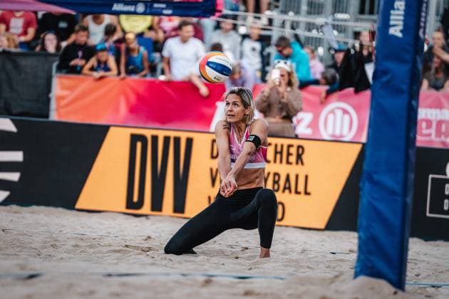 Beach volleyball women Allianz German Beach Tour German Beach Volleyball Championship 2024 31 08 2024 Laura Ludwig plays the ball Timmendorfer Strand Ahmann Hager Arena Schleswig Holstein Germany
