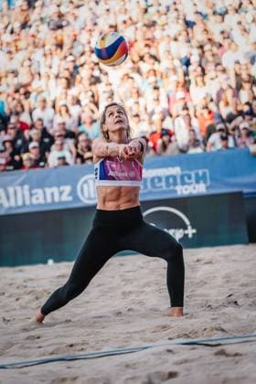 Beach volleyball women Allianz German Beach Tour German Beach Volleyball Championship 2024 31 08 2024 Laura Ludwig plays the ball Timmendorfer Strand Ahmann Hager Arena Schleswig Holstein Germany