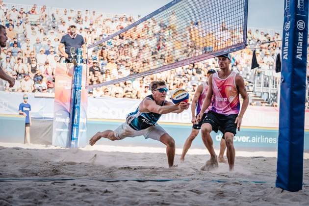 Beach volleyball men Allianz German Beach Tour German Beach Volleyball Championship 2024 31 08 2024 Yannik Ahr plays the ball Timmendorfer Strand Ahmann Hager Arena Schleswig Holstein Germany