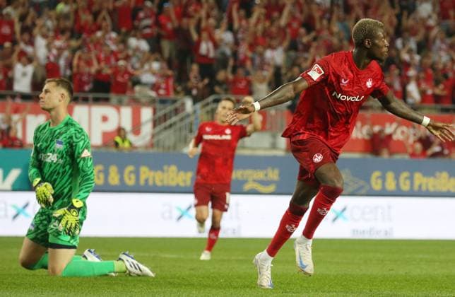 2 1 FCK by Aaron Opoku 17, FC Kaiserslautern 31 08 2024, Football, 2 Bundesliga, FC Kaiserslautern Hertha BSC Berlin, Matchday 4, Season 2024 25, Fritz Walter Stadion, Kaiserslautern, Germany, Photo Michael Deines PROMEDIAFOTO, DFB DFL regulations prohibit any use of photographs as image sequences and or quasi video FC Kaiserslautern Hertha BSC Berlin