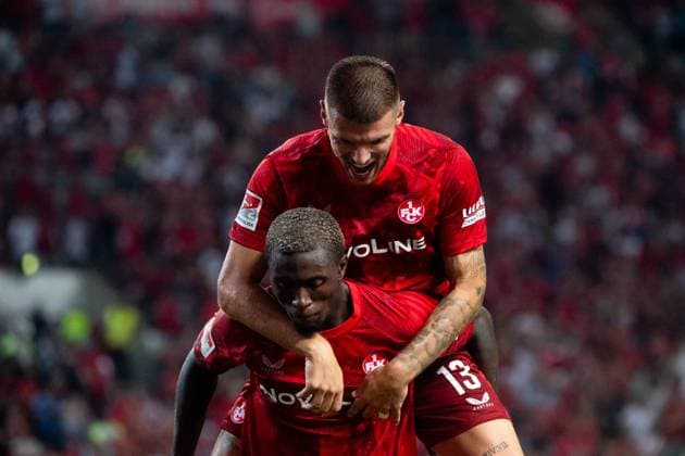 Aaron Opoku FC Kaiserslautern, 17 , Erik Wekesser FC Kaiserslautern, 13 celebrate the goal for 2 1, GER, FC Kaiserslautern FCK vs Hertha BSC Berlin BSC , Soccer 2 Bundesliga, Matchday 4, Season 2024 2025, 31 08 2024 DFB DFL regulations prohibit any use of photographs as image sequences and or quasi video GER, FC Kaiserslautern FCK vs Hertha BSC Berlin BSC , Fussball 2 Bundesliga, 4 Spieltag, Saison 2024 2025, 31 08 2024 Kaiserslautern Copyright: xEibner-Pressefoto Memmlerx EP_MMR