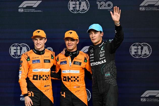 31st August 2024; Autodromo Nazionale Monza, Monza, Italy; Formula 1 Italian Grand Prix 2024; Qualifying Day; Oscar Piastri of Australia driving for McLaren F1 Team, Lando Norris of Great Britain driving for McLaren F1 Team celebrates a pole position,George Russell of Great Britain driving for Mercedes AMG Petronas F1 Team  ActionPlus12688581 BestxImages