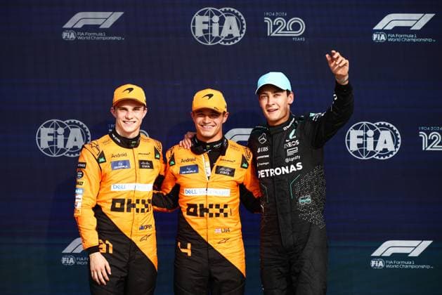 F1 Italian Grand Prix Oscar Piastri of McLaren, Lando Norris of McLaren and George Russell of Mercedes pose after qualifying session ahead of the Italian Formula One Grand Prix at Autodromo Nazionale Monza circuit, in Monza on August 31, 2024. Monza Italy  Copyright: xBeataxZawrzelx originalFilename:zawrzel-f1italia240831_npTja.jpg
