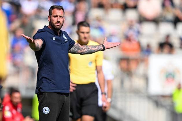 3 Liga Arminia Bielefeld SV Sandhausen on 31 08 2024 in the SchücoArena in Bielefeld Coach Michel Kniat Bielefeld dissatisfied, disappointed, disappointed, dejected MT
