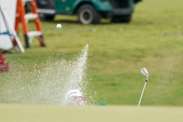 August 31, 2024, Atlanta, Georgia, USA: Hideki Matsuyama hits out of a greenside bunker on the 18th green during the third round at the 2024 TOUR Championship at East Lake Golf Club. Atlanta USA - ZUMAw109 20240831_fap_w109_018 Copyright: xDebbyxWongx