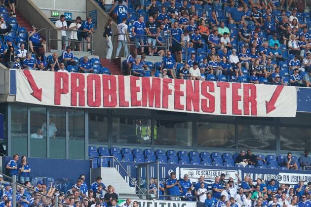 2 Bundesliga FC Schalke 04 1 FC Köln on 01 09 2024 in the Veltins Arena on Schalke The Schalke fan scene has hung up a banner banner with a problem window against the police and choreo bans MH
