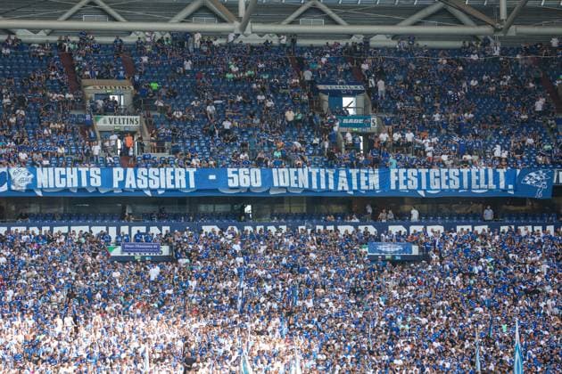 2 Bundesliga FC Schalke 04 1 FC Köln on 01 09 2024 at the Veltins Arena on Schalke The Schalke fan scene presents a banner banner banner with Nothing happens 560 identities noted MH