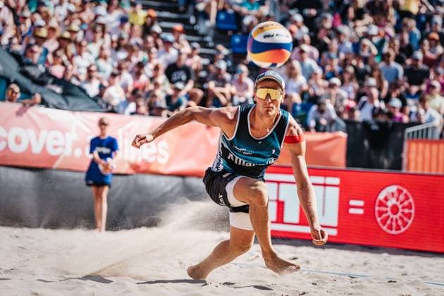 Beach volleyball men Allianz German Beach Tour German Beach Volleyball Championship 2024 01 09 2024 Max Just runs to the ball Timmendorfer Strand Ahmann Hager Arena Schleswig Holstein Germany