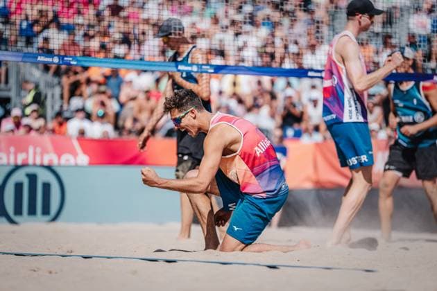 Beach volleyball men Allianz German Beach Tour German Beach Volleyball Championship 2024 01 09 2024 Lui Wüst cheers and clenches his fist Timmendorfer Strand Ahmann Hager Arena Schleswig Holstein Germany