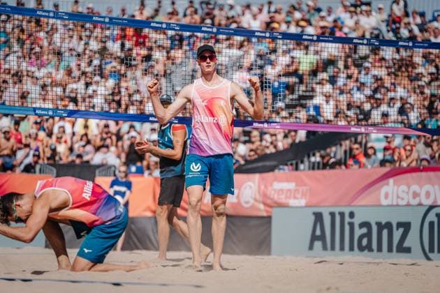 Beach volleyball men Allianz German Beach Tour German Beach Volleyball Championship 2024 01 09 2024 Philipp Huster jubel Timmendorfer Strand Ahmann Hager Arena Schleswig Holstein Germany
