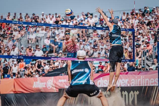 Beach volleyball men Allianz German Beach Tour German Beach Volleyball Championship 2024 01 09 2024 Lui Wüst attacking Timmendorfer Strand Ahmann Hager Arena Schleswig Holstein Germany