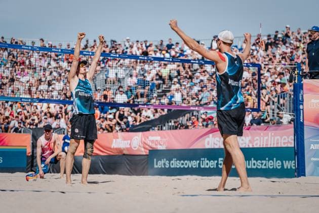 Beach volleyball men Allianz German Beach Tour German Beach Volleyball Championship 2024 01 09 2024 v l Cheers for Robin Sowa and Max Just Timmendorfer Strand Ahmann Hager Arena Schleswig Holstein Germany