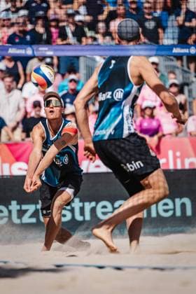 Beach volleyball men Allianz German Beach Tour German Beach Volleyball Championship 2024 01 09 2024 Max Just plays the ball Timmendorfer Strand Ahmann Hager Arena Schleswig Holstein Germany