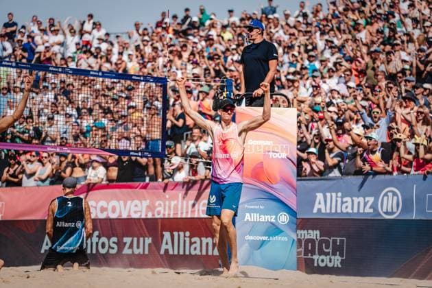 Beach volleyball men Allianz German Beach Tour German Beach Volleyball Championship 2024 01 09 2024 Philipp Huster jubel Timmendorfer Strand Ahmann Hager Arena Schleswig Holstein Germany