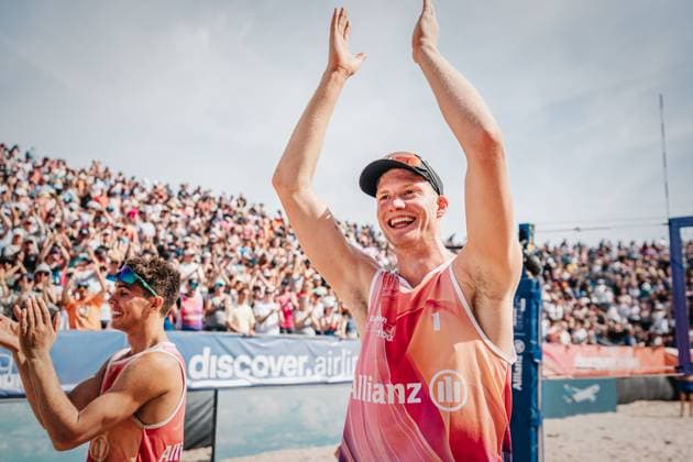 Beach volleyball men Allianz German Beach Tour German Beach Volleyball Championship 2024 01 09 2024 Philipp Huster right and Lui Wüst left are happy after their victory Timmendorfer Strand Ahmann Hager Arena Schleswig Holstein Germany