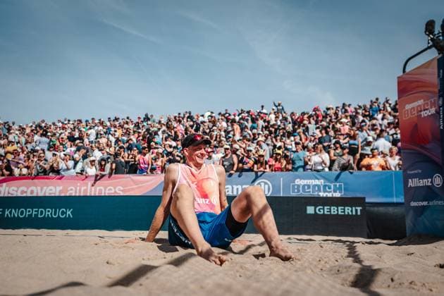 Beach volleyball men Allianz German Beach Tour German Beach Volleyball Championship 2024 01 09 2024 Philipp Huster enjoys the victory Timmendorfer Strand Ahmann Hager Arena Schleswig Holstein Germany