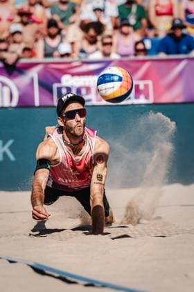 Beach volleyball men Allianz German Beach Tour German Beach Volleyball Championship 2024 01 09 2024 Clemens Wickler jumps for the ball Timmendorfer Strand Ahmann Hager Arena Schleswig Holstein Germany