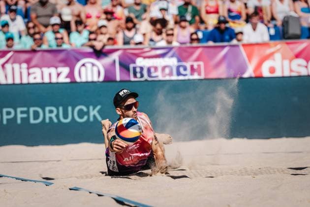 Beach volleyball men Allianz German Beach Tour German Beach Volleyball Championship 2024 01 09 2024 Clemens Wickler jumps for the ball Timmendorfer Strand Ahmann Hager Arena Schleswig Holstein Germany