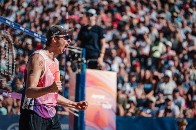 Beach volleyball men Allianz German Beach Tour German Beach Volleyball Championship 2024 01 09 2024 Nils Ehlers cheers Timmendorfer Strand Ahmann Hager Arena Schleswig Holstein Germany