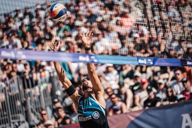 Beach volleyball men Allianz German Beach Tour German Beach Volleyball Championship 2024 01 09 2024 Jonathan Erdmann playing Timmendorfer Strand Ahmann Hager Arena Schleswig Holstein Germany