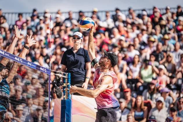 Beach volleyball men Allianz German Beach Tour German Beach Volleyball Championship 2024 01 09 2024 Clemens Wickler at Attack Timmendorfer Strand Ahmann Hager Arena Schleswig Holstein Germany