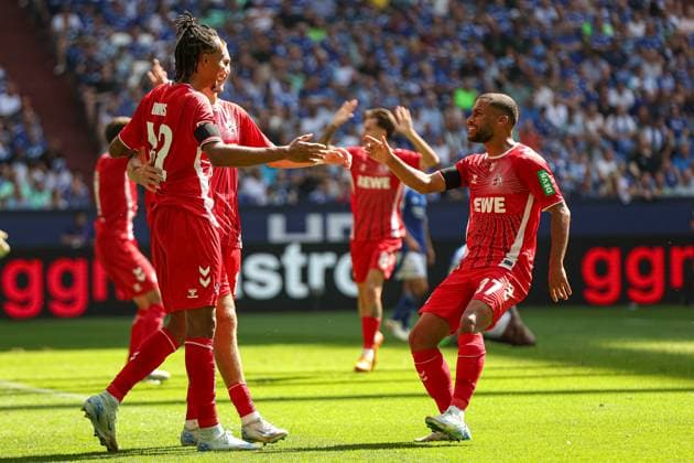 Gelsenkirchen, Germany, 01 09 24 Damion Downs 1 FC Koeln celebrates after scoring his team s first goal with teammates during the 2 Bundesliga match between FC Schalke 04 vs 1 FC Köln at Veltins Arena on September 01, 2024 in Gelsenkirchen, Germany Photo by Stefan Brauer Brauer Fotoagentur Gelsenkirchen, Germany, 01 09 24 Damion Downs 1 FC Koeln celebrates after scoring his team s first goal with teammates during the 2 Bundesliga match between FC Schalke 04 vs 1 FC Köln at Veltins Arena on September 1, 2024 in Gelsenkirchen, Germany Photo by Stefan Brauer Brauer Fotoagentur Gelsenkirchen Veltins Arena Germany Copyright: xStefanxBrauer Brauer-Fotoagenturx