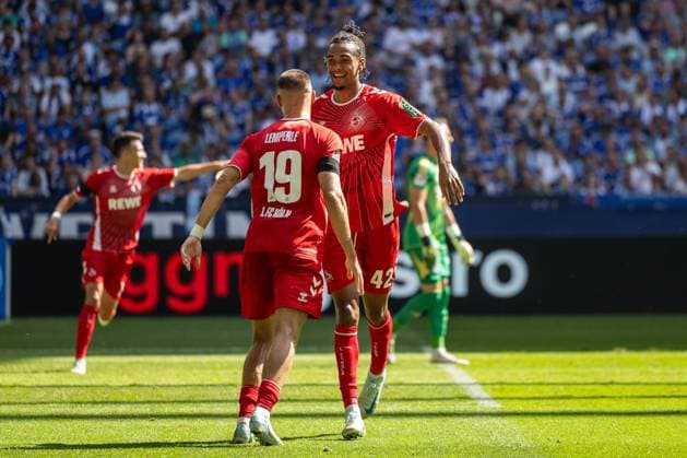 Soccer 2 Bundesliga 4 Matchday FC Schalke 04 1 FC Köln on 01 09 2024 at the Veltins Arena in Gelsenkirchen Goal celebration to 0 1 by Damion Downs Köln DFL regulations prohibit any use of photographs as image sequences and or quasi video xJRx