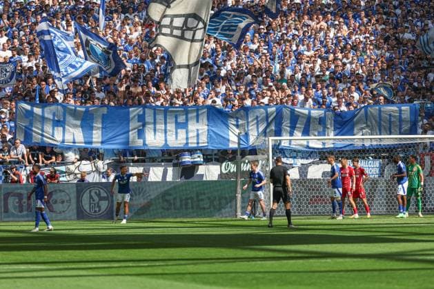 2 Bundesliga FC Schalke 04 1 FC Köln on 01 09 2024 in the Veltins Arena on Schalke The Schalke fans in the north curve with a banner banner saying Fickt euch Polizei MD Magdeburg MH