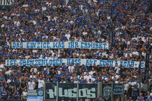 2 Bundesliga FC Schalke 04 1 FC Köln on 01 09 2024 at the Veltins Arena on Schalke The Schalke fans with a banner banner banner The only thing you get is boundless hatred for you ACAB MH