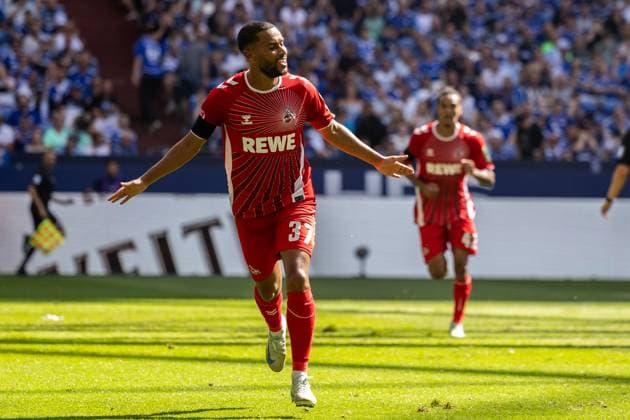 Soccer 2 Bundesliga 4 Matchday FC Schalke 04 1 FC Köln on 01 09 2024 at the Veltins Arena in Gelsenkirchen Goal celebration to 0 2 by Linton Maina Köln DFL regulations prohibit any use of photographs as image sequences and or quasi video xJRx