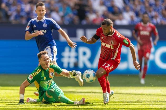 Soccer 2 Bundesliga 4 Matchday FC Schalke 04 1 FC Köln on 01 09 2024 at the Veltins Arena in Gelsenkirchen Justin Heekeren Schalke , left Linton Maina Köln , right scores the 0 2 DFL regulations prohibit any use of photographs as image sequences and or quasi video xJRx