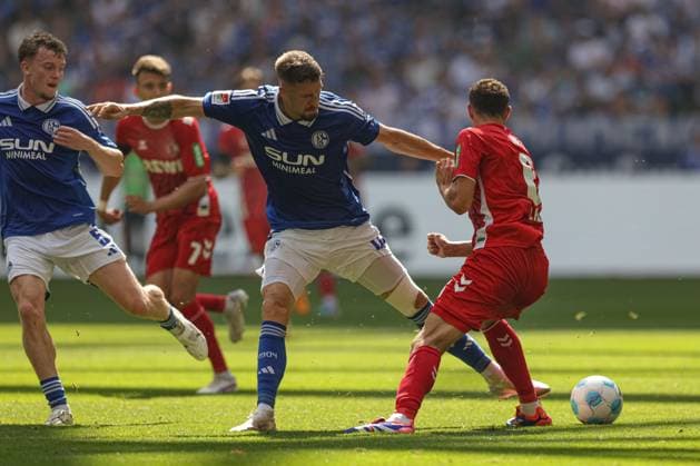 Gelsenkirchen, Germany, 01 09 24 Janik Bachmann FC Schalke 04 and Eric Martel 1 FC Koeln battle for the ball during the 2 Bundesliga match between FC Schalke 04 vs 1 FC Koeln at Veltins Arena on September 01, 2024 in Gelsenkirchen, Germany Photo by Stefan Brauer Brauer Fotoagentur Gelsenkirchen, Germany, 01 09 24 Janik Bachmann FC Schalke 04 and Eric Martel 1 FC Koeln battle for the ball during the 2 Bundesliga match between FC Schalke 04 vs 1 FC Köln at Veltins Arena on September 1, 2024 in Gelsenkirchen, Germany Photo by Stefan Brauer Brauer Fotoagentur Gelsenkirchen Veltins Arena Germany Copyright: xStefanxBrauer Brauer-Fotoagenturx