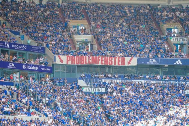 Soccer 2 Bundesliga season 2024 2025, matchday 4 FC Schalke 04 vs 1 FC Köln Veltins Arena, Gelsenkirchen Schalke fan scene has hung up a banner banner with problem window against the police and choreo bans Copyright: xJOERANxSTEINSIEKx