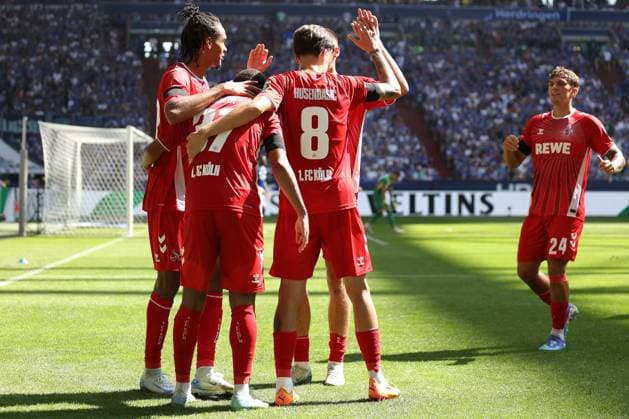 The players of 1 FC Köln are happy about the goal to 0 2 by Linton Maina 1 FC Köln at the match of the 2 BL season 2024 25 FC Schalke 04 1 FC Köln Copyright Thomas Pakusch