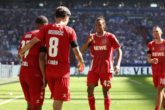 The players of 1 FC Köln are happy about the goal to 0 2 by Linton Maina 1 FC Köln at the match of the 2 BL season 2024 25 FC Schalke 04 1 FC Köln Copyright Thomas Pakusch