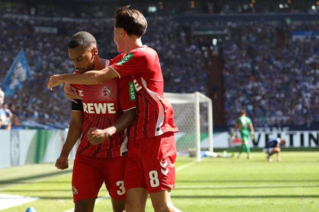 The players of 1 FC Köln are happy about the goal to 0 2 by Linton Maina 1 FC Köln at the match of the 2 BL season 2024 25 FC Schalke 04 1 FC Köln Copyright Thomas Pakusch