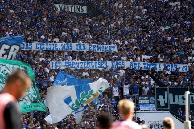 Fans of FC Schalke 04 with banner at the match of the 2 BL season 2024 25 FC Schalke 04 1 FC Köln Copyright Thomas Pakusch