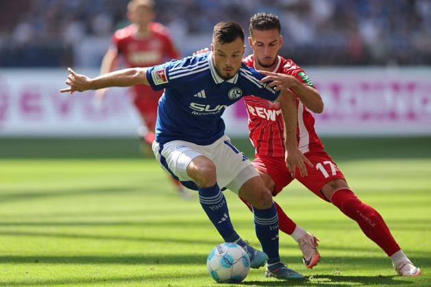 Adrian Gantenbein FC Schalke 04 and Leart Pacarada 1 FC Köln at the match of the 2 BL season 2024 25 FC Schalke 04 1 FC Köln Copyright Thomas Pakusch