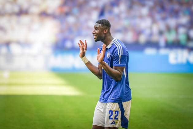 Soccer 2 Bundesliga Season 2024 2025, Matchday 4 FC Schalke 04 vs 1 FC Köln Veltins Arena, Gelsenkirchen Schalkes Ibrahima CissÃ Cisse gets a yellow card from referee Sven Jablonski Copyright: xJOERANxSTEINSIEKx