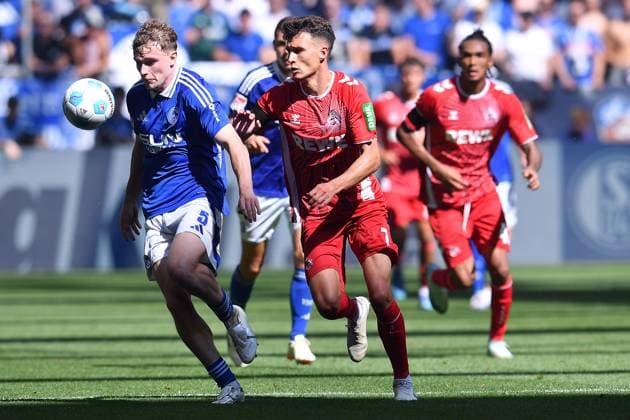 Soccer 2 Bundesliga 4 Matchday FC Schalke 04 1 FC Köln on 01 09 2024 at the Veltins Arena in Gelsenkirchen Derry John Murkin Schalke , left Dejan Ljubicic Köln , right DFL regulations prohibit any use of photographs as image sequences and or quasi video xRx