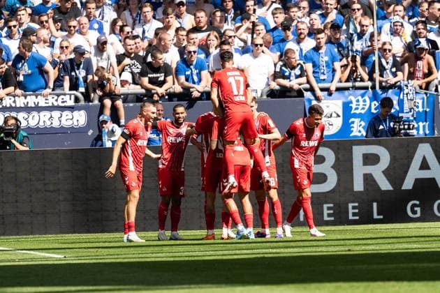 GER, 2 FBL FC Schalke 04 vs. 1 FC Köln Koeln 01 09 2024, Veltins Arena, Gelsenkirchen, GER, 2 FBL FC Schalke 04 vs. 1 FC Köln Koeln In the picture Goal celebrations for the 1-0 goal by Damion Downs 1 FC Köln Koeln, Denis HuseinbaÅ¡iÄ‡ Denis Huseinbasic 1 FC Köln Koeln, Leart Paqarada 1 FC Köln Koeln, Julian Pauli 1 FC Köln Koeln, nordphotoxGmbHxx xChristianxSchulze nph000300