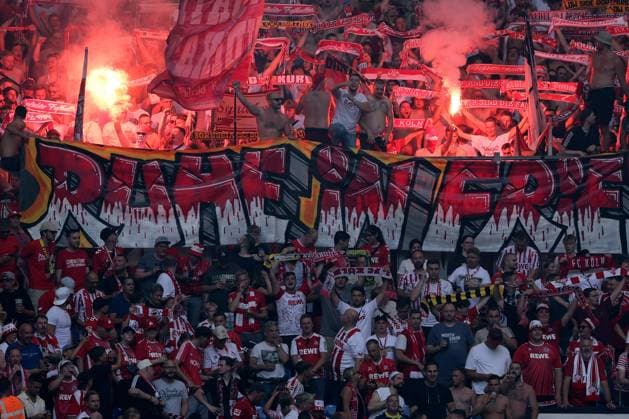 Pyrotechnics in the guest block of the Veltinsarena by the fans of 1 FC Köln at the match of the 2 BL season 2024 25 FC Schalke 04 1 FC Köln Copyright Thomas Pakusch