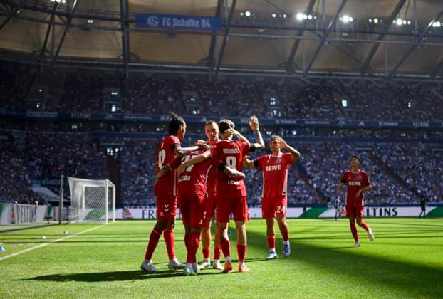 Cheering K around Linton MAINA K after his goal to 0 2, from l Damion DOWNS K , Linton MAINA K , Tim LEMPERLE K , Denis HUSEINBASIC K Julian PAULI K , Soccer 2 Bundesliga, Matchday 4, FC Schalke 04 GE 1 FC Koeln K , on 01 09 2024 in Gelsenkirchen Germany DFL regulations prohibit any use of photographs as image sequences and or quasi video Â