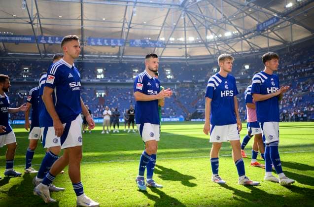 from left Paul SEGUIN GE , Adrian GANTENBEIN GE , Martin WASINSKI GE , Max GRUEGER Grüger GE , disappointed after the match, Soccer 2 Bundesliga, Matchday 4, FC Schalke 04 GE 1 FC Koeln K 1 3, on 01 09 2024 in Gelsenkirchen Germany DFL regulations prohibit any use of photographs as image sequences and or quasi video Â