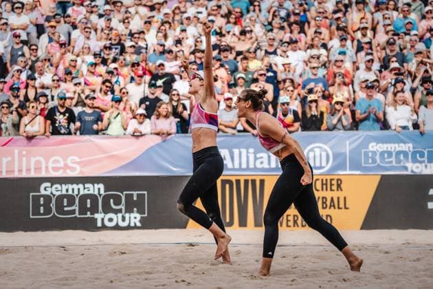 Beach volleyball women Allianz German Beach Tour German Beach Volleyball Championship 2024 01 09 2024 v l Svenja Müller and Cinja Tillmann cheer as they win the German Championship Timmendorfer Strand Ahmann Hager Arena Schleswig Holstein Germany