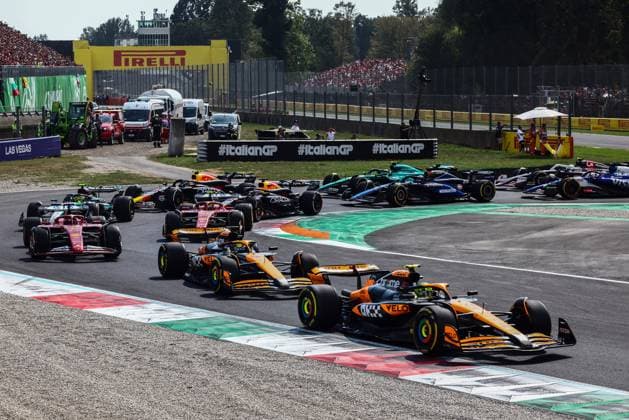 September 1, 2024, Monza, Italy: Lando Norris of McLaren, Oscar Piastri of McLaren, Charles Leclerc of Ferrari and the rest of the drivers drive on the track during the start of Italian Formula One Grand Prix at Autodromo Nazionale Monza circuit, in Monza on September 1st, 2024. Monza Italy - ZUMAz156 0758581426st Copyright: xBeataxZawrzelx